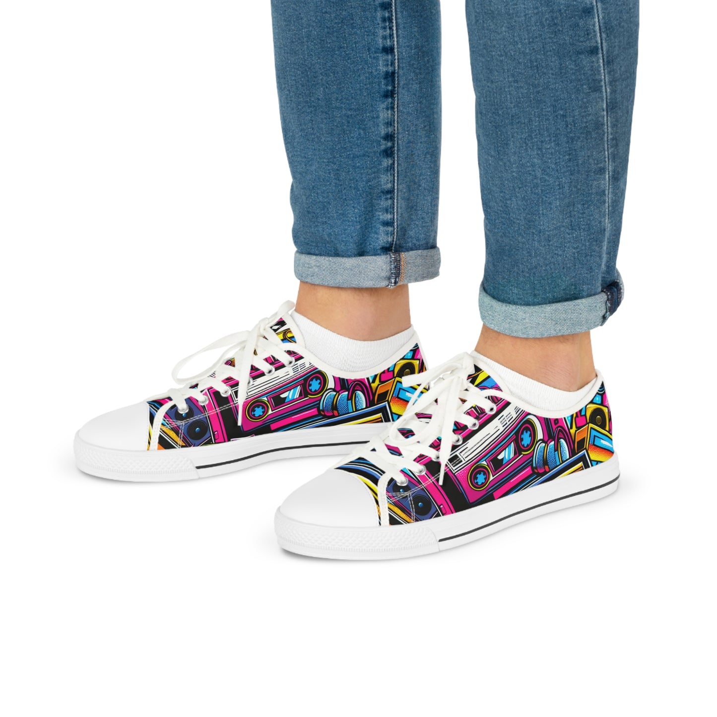 Retro Colorful Low Top Mens Sneakers - Vibrant Cassette Design