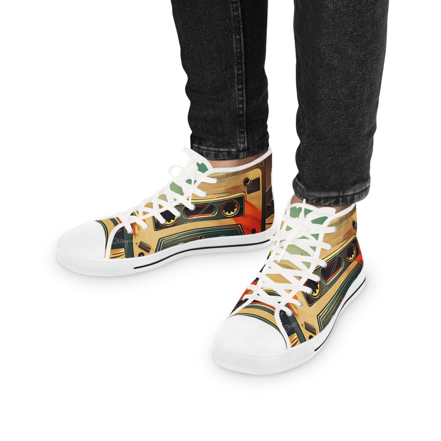 Retro Cassette Mens High Top Sneakers for music lovers.