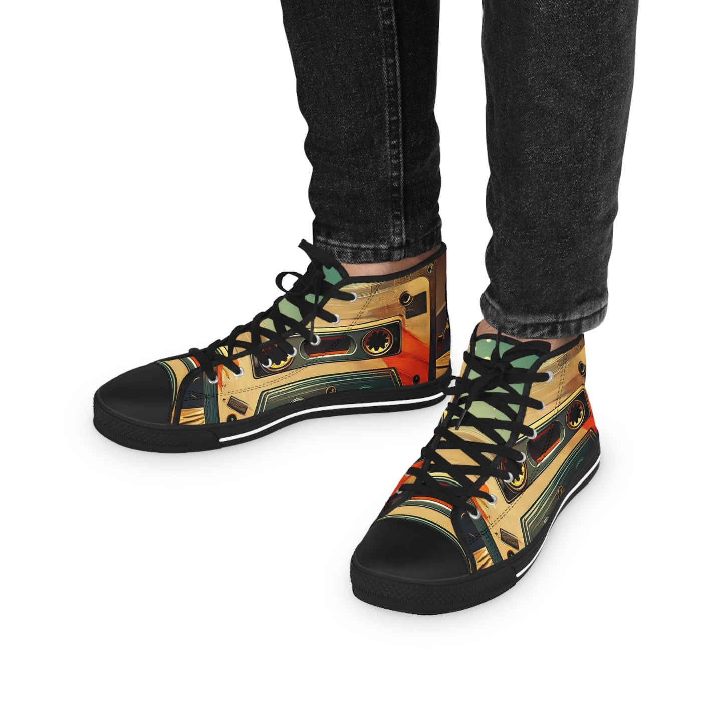 Retro Cassette Mens High Top Sneakers for music lovers.