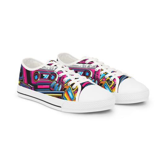 Retro Colorful Low Top Mens Sneakers - Vibrant Cassette Design