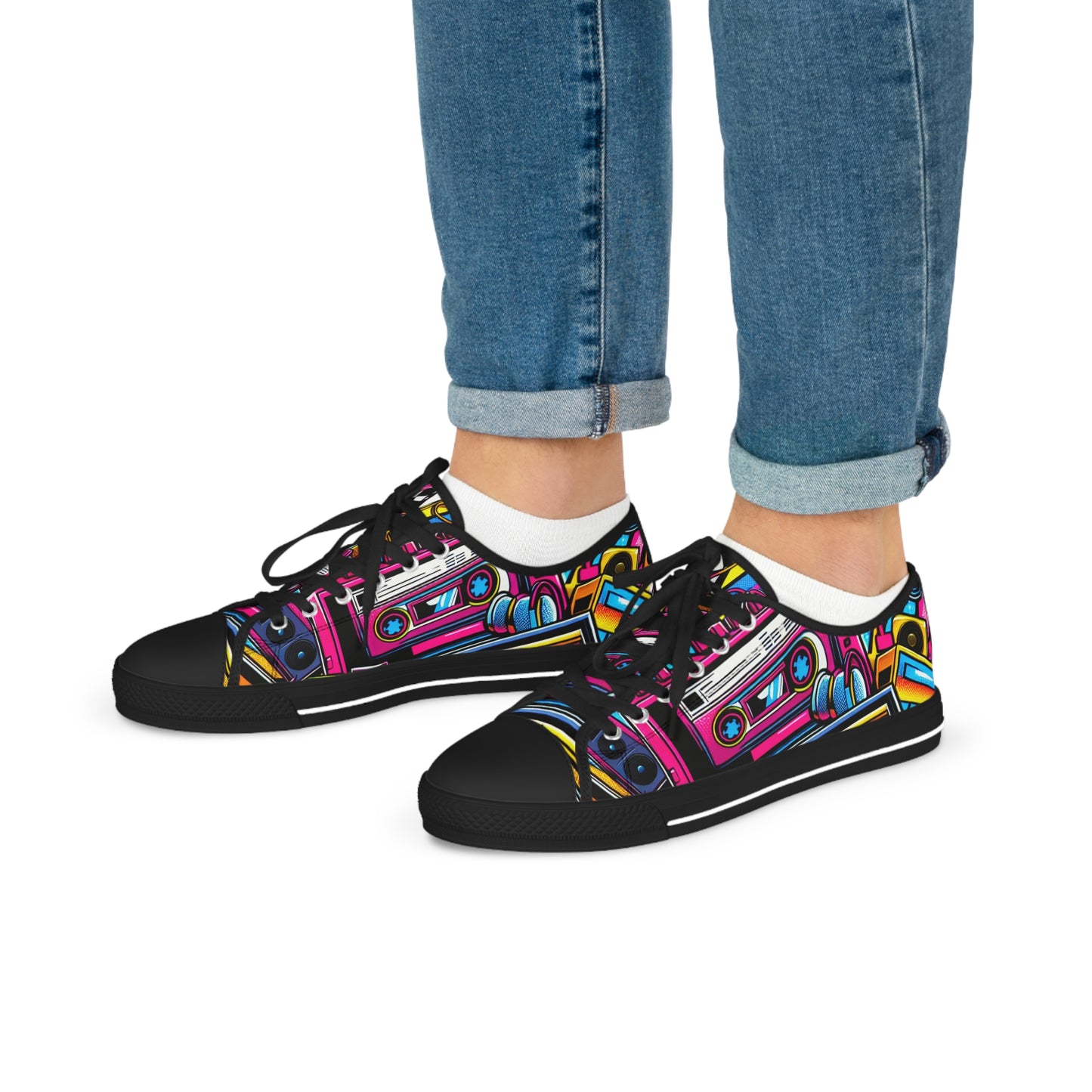 Retro Colorful Low Top Mens Sneakers - Vibrant Cassette Design